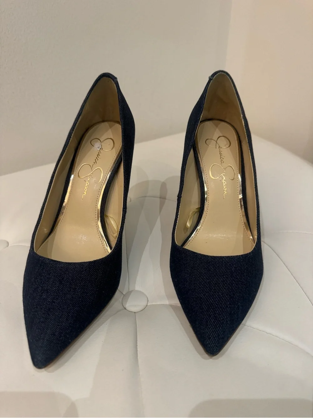 Jessica Simpson Dark Navy Denim and Gold Pointed-Toe Pumps